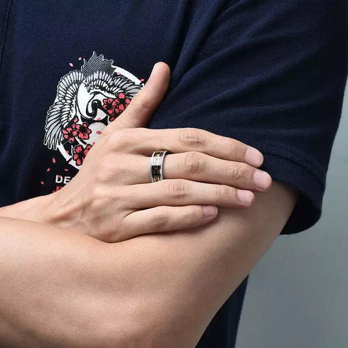 Men's 8mm Tungsten Silver Zebra Wood Inlay Sawtooth Edge Engagement Wedding Band